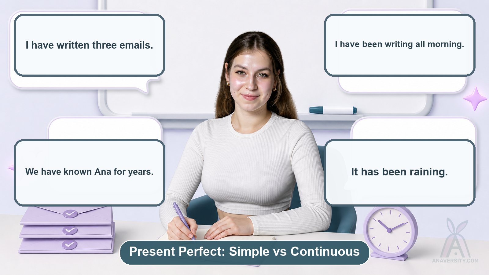 Ana compares present perfect results with present perfect continuous activity and duration.