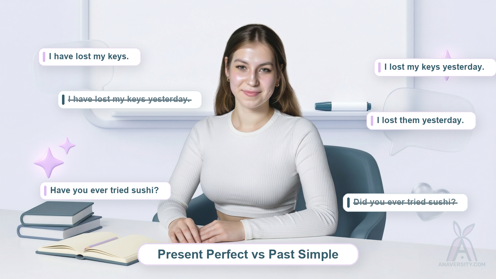Watermarked Anaversity illustration comparing present perfect and past simple.