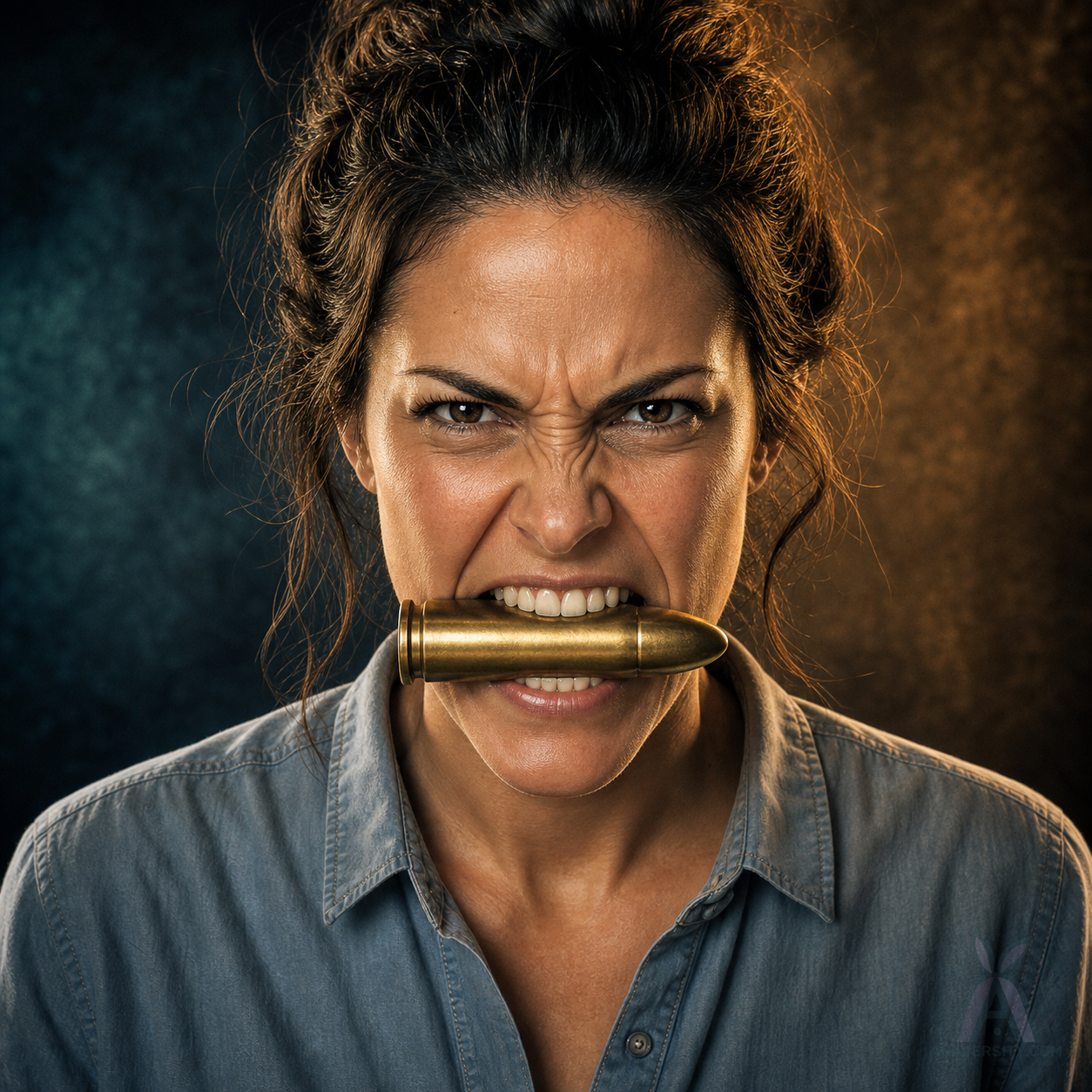 A determined person literally biting a brass bullet prop.