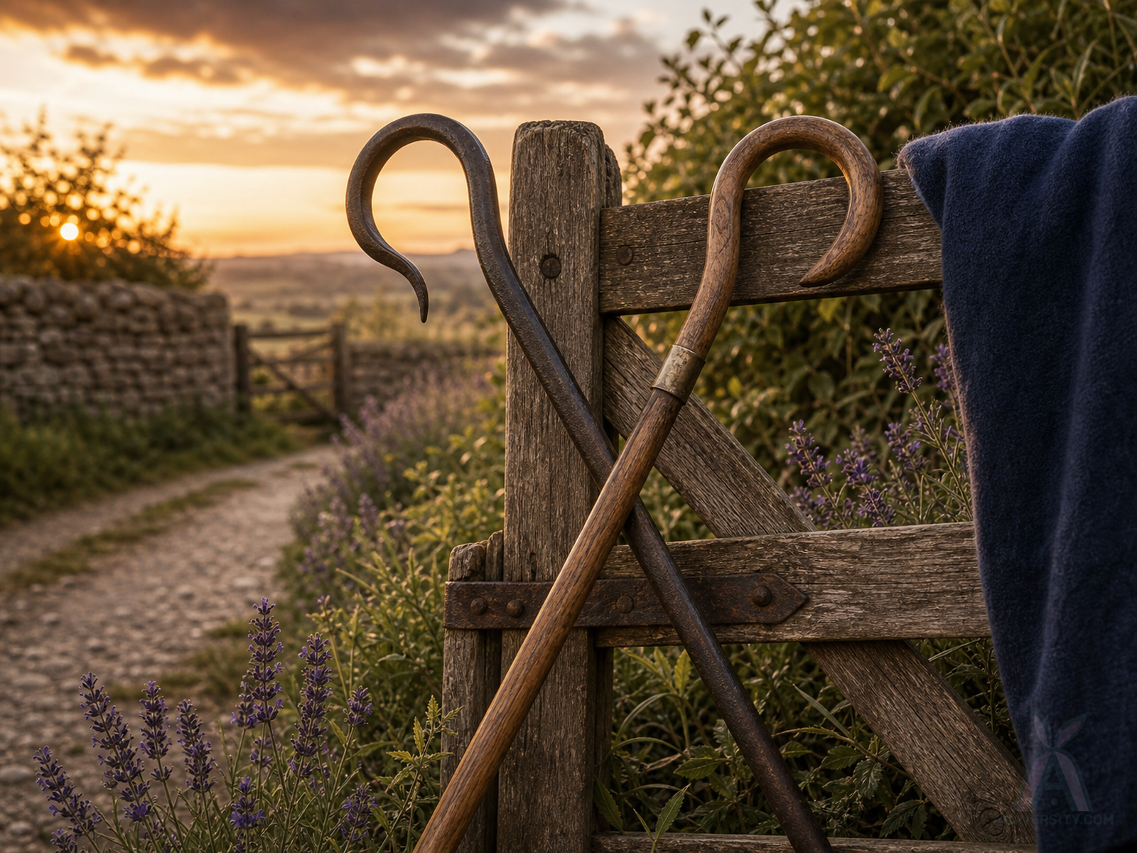 A shepherds crook and a curved hook crossed on a rustic countryside gate.