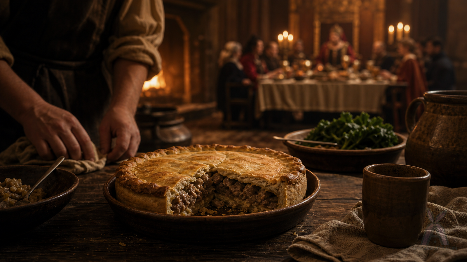 A plain medieval pie on a servants table with a grand hall feast blurred behind it.