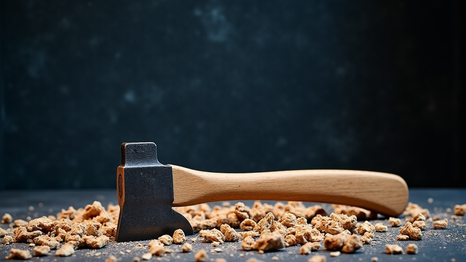 An axe head flying loose from its handle in a dramatic woodshop scene.
