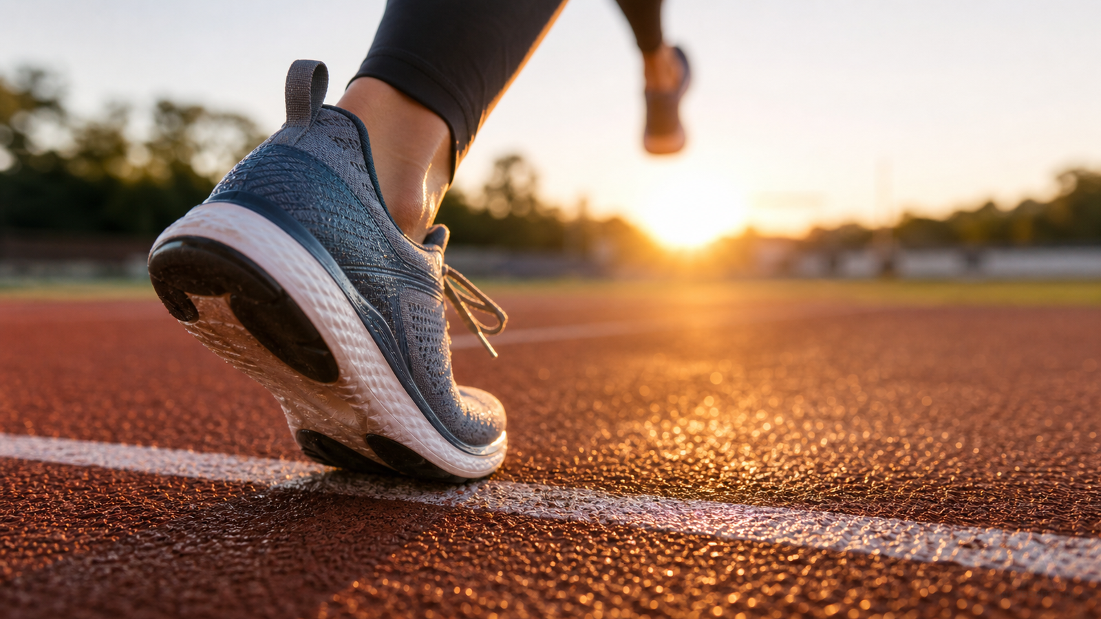 A runner shoe touching down on a track at sunrise.