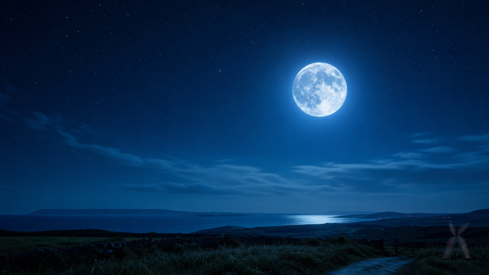 A softly glowing blue moon above a quiet coast at night.