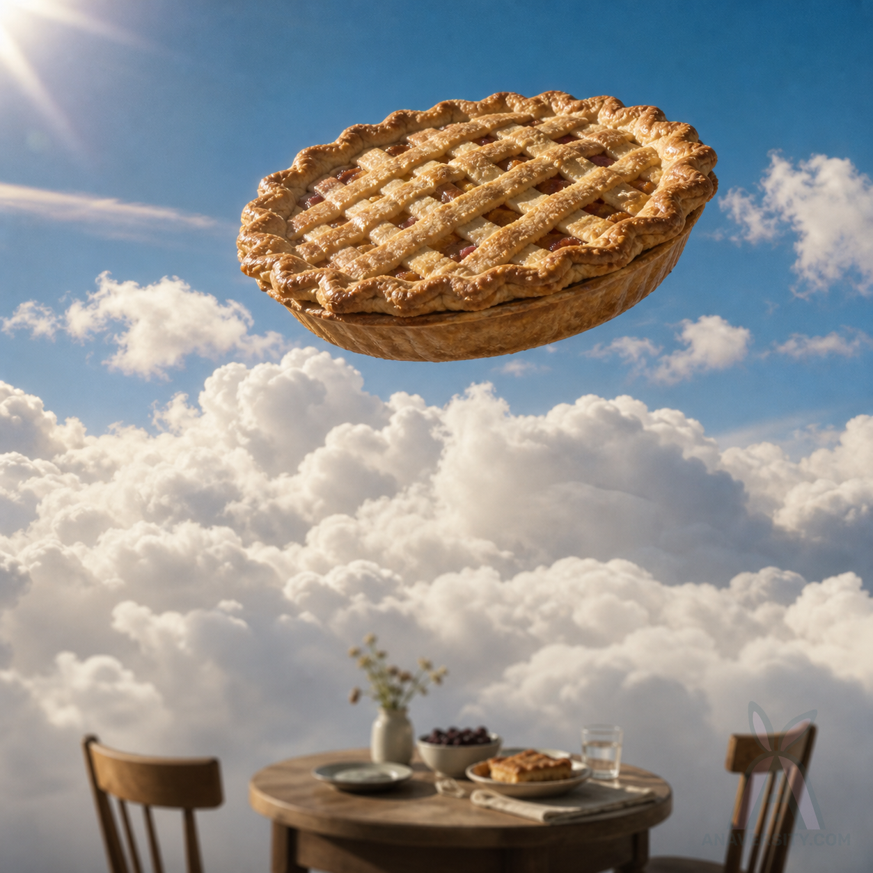 A golden pie floating above clouds over a distant table.