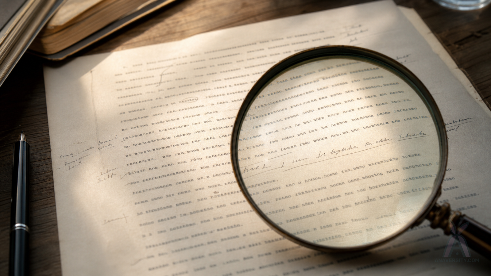 A magnifying glass revealing faint notes written between the lines of a typed page.
