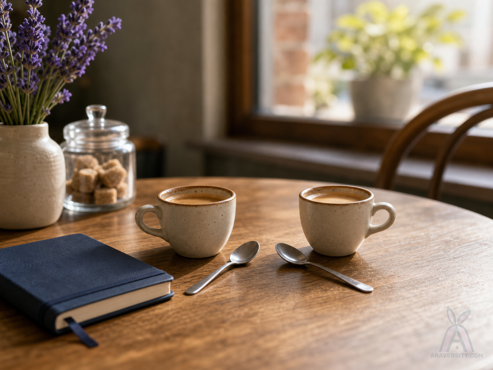Two tiny coffee cups facing each other on a cozy cafe table.
