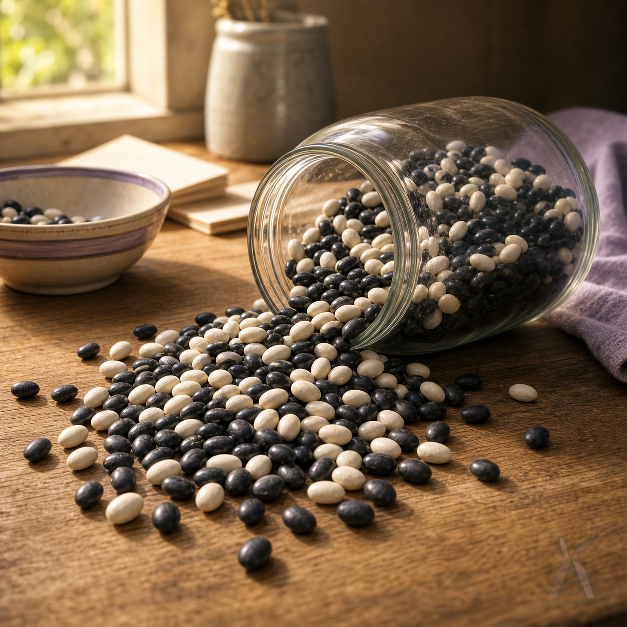A jar tipped over with beans spilling across a bright kitchen table.