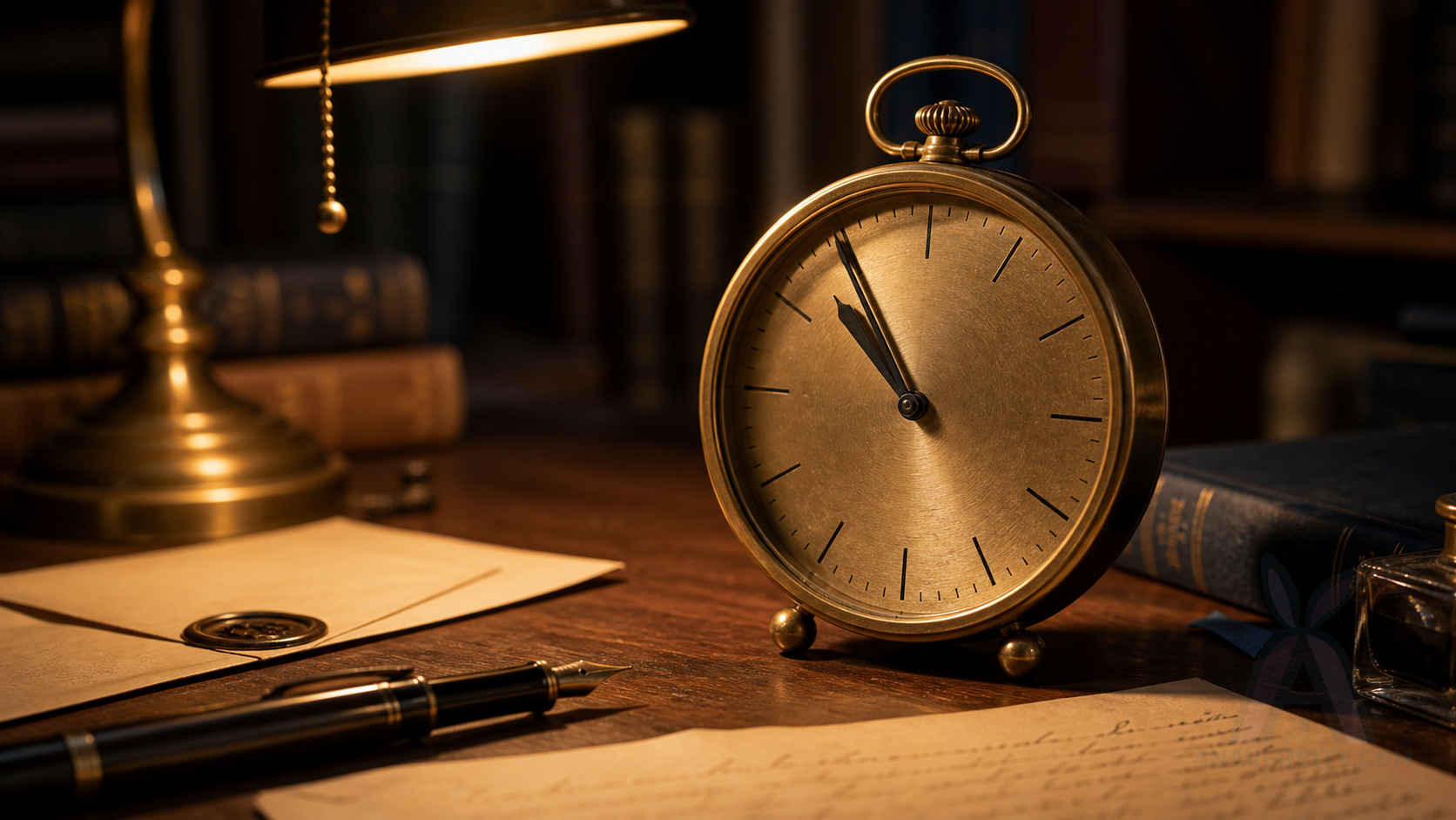 A brass clock near eleven on a late-night desk with papers and lamplight.