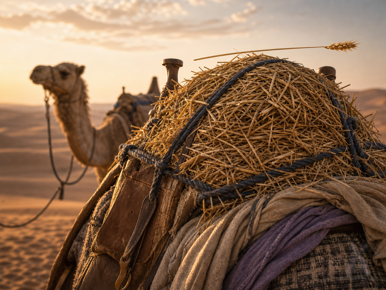 A camel loaded with straw as one final straw rests on top of the bundle.