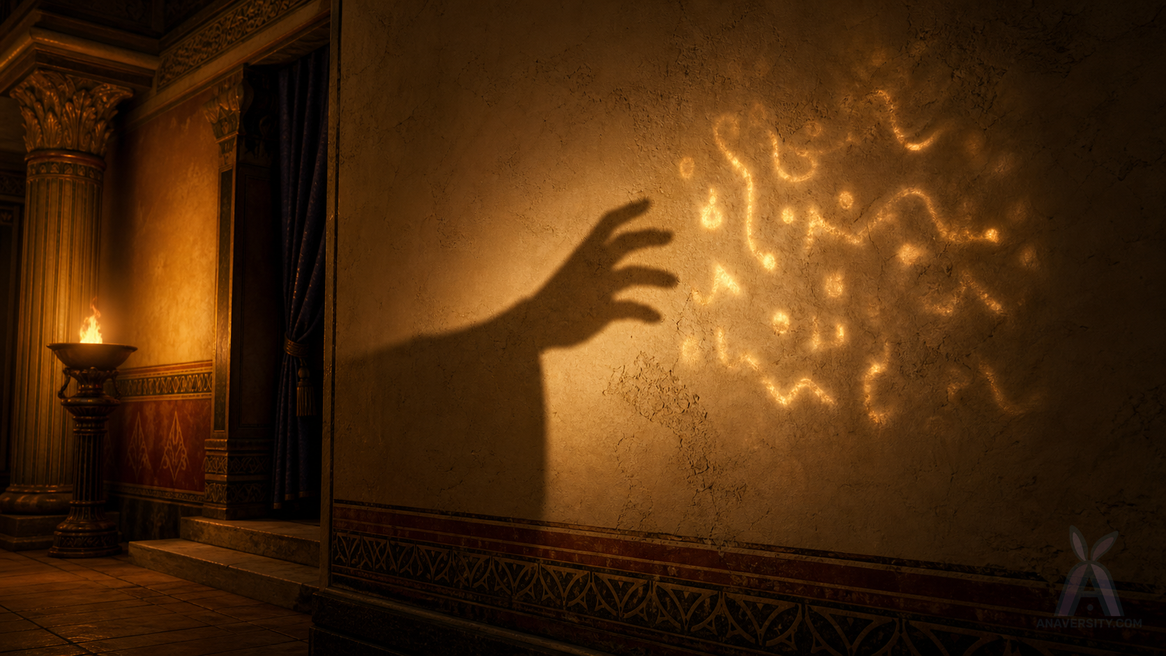 A hand-shaped shadow near glowing abstract marks on an ancient wall.