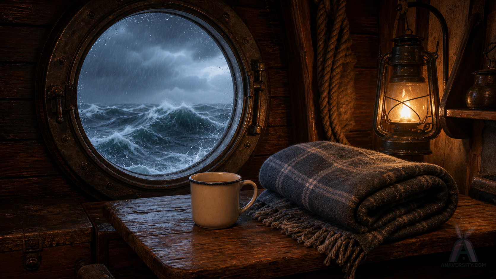A cozy ship cabin with a storm visible through a round porthole.